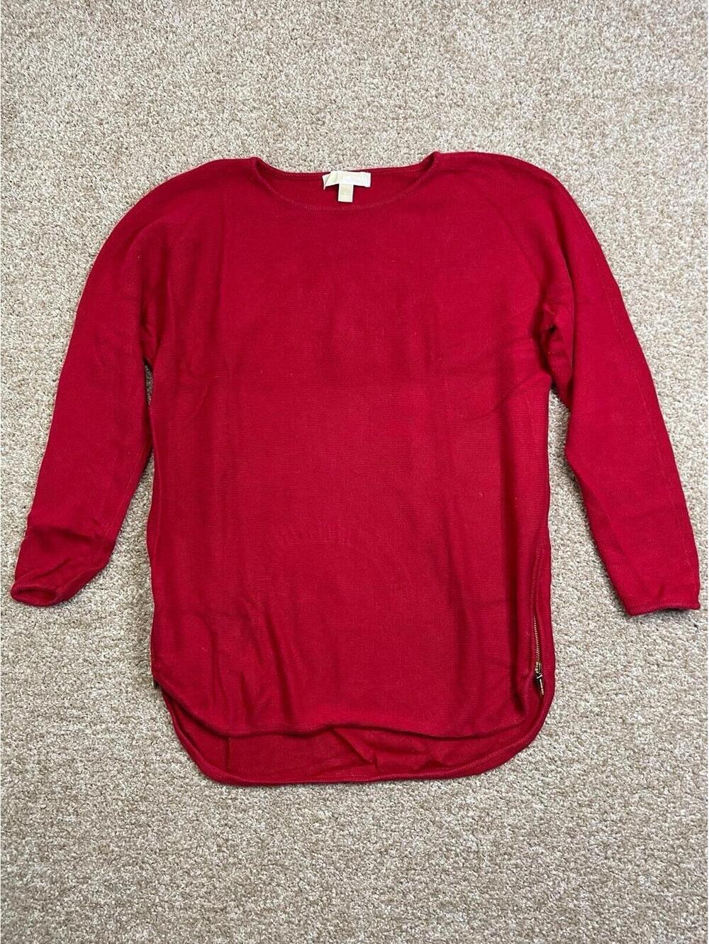 Michael Michael Kors Sweater Womens L Red Pullover Side Zip High Low Hem